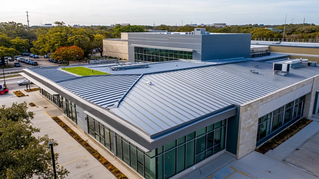 A commercial roof on a community recreation center in a location similar to San Antonio with a stainless steel aesthetic (AI image)