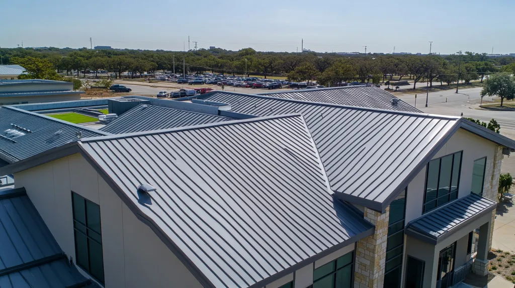 A commercial roof on a community recreation center in a location similar to San Antonio with a stainless steel aesthetic (AI image)