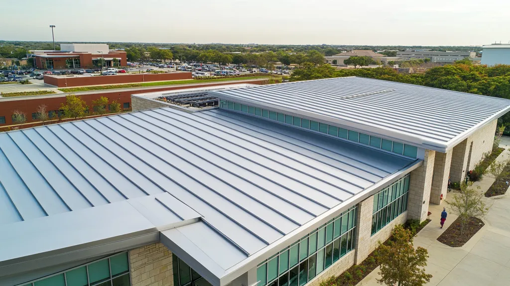 A commercial roof on a community recreation center in a location similar to San Antonio with a stainless steel aesthetic (AI image)