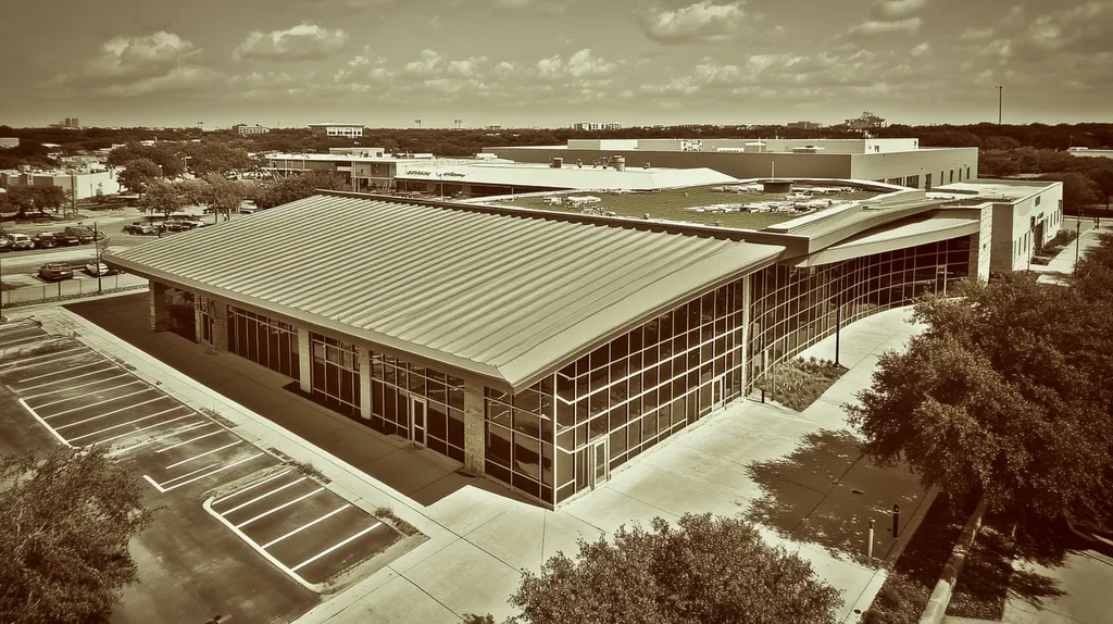 A commercial roof on a community recreation center in a location similar to San Antonio with a tintype aesthetic (AI image)
