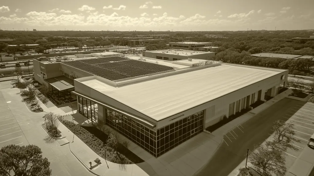 A commercial roof on a community recreation center in a location similar to San Antonio with a tintype aesthetic (AI image)