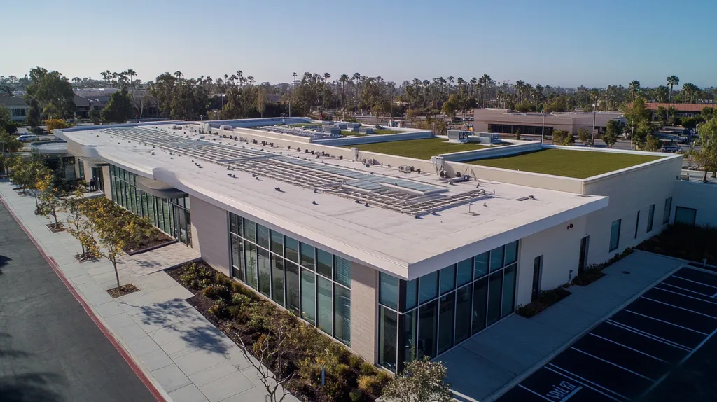 A commercial roof on a community recreation center in a location similar to San Diego with a Polaroid aesthetic (AI image)
