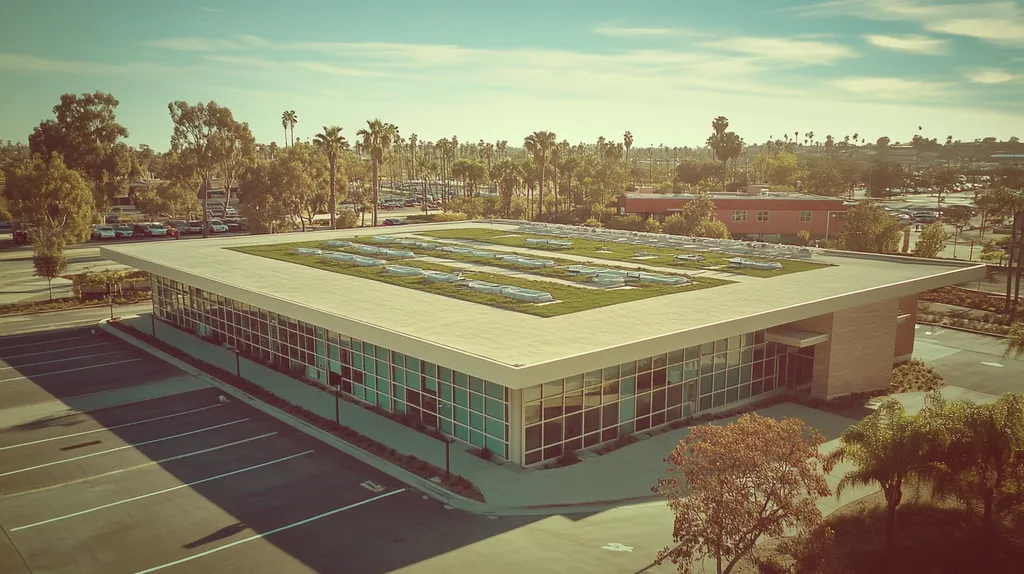 A commercial roof on a community recreation center in a location similar to San Diego with a Polaroid aesthetic (AI image)
