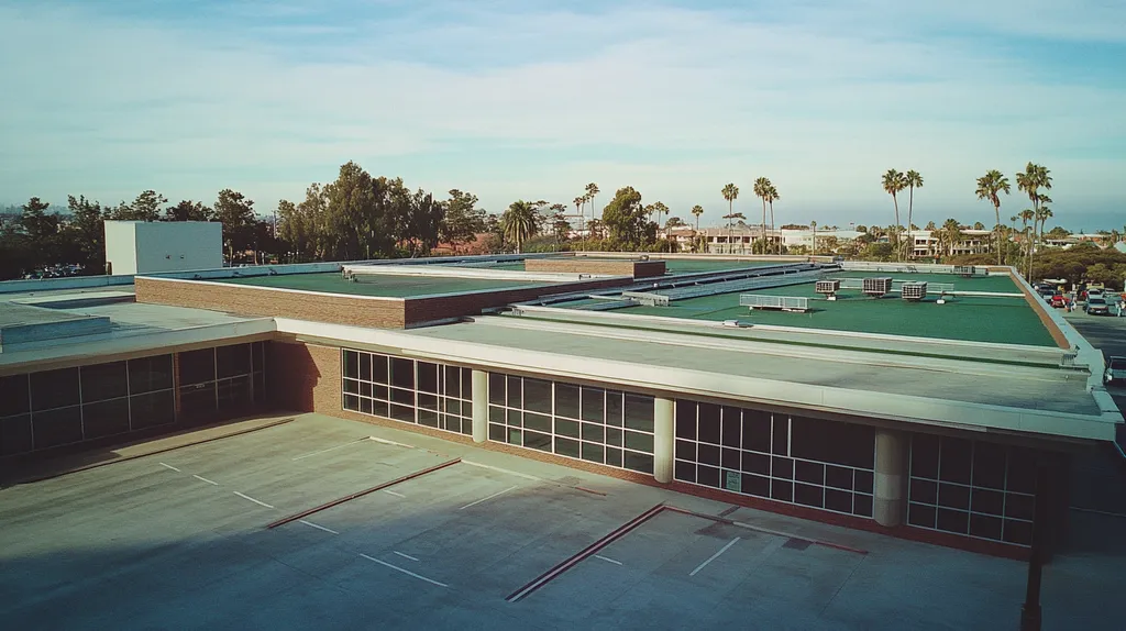 A commercial roof on a community recreation center in a location similar to San Diego with a Polaroid aesthetic (AI image)