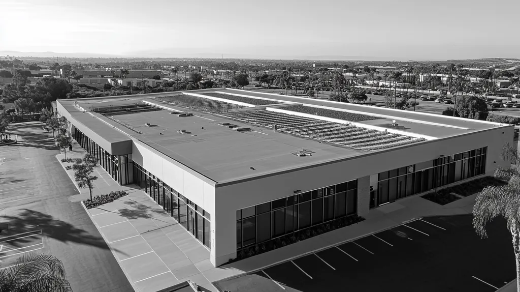 A commercial roof on a community recreation center in a location similar to San Diego with a black and white photography aesthetic (AI image)