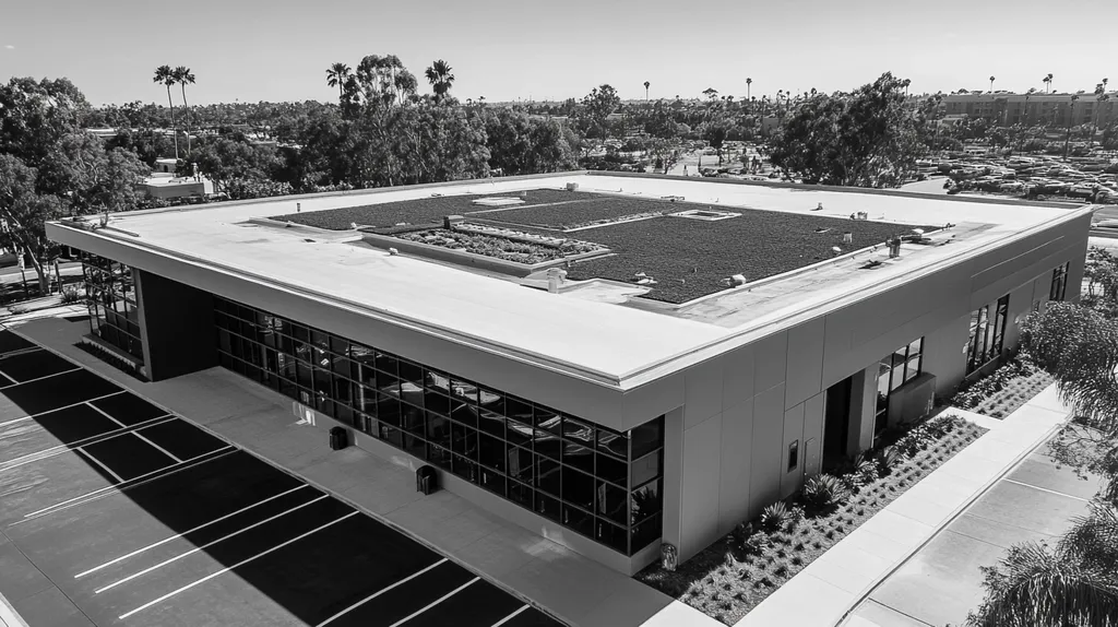 A commercial roof on a community recreation center in a location similar to San Diego with a black and white photography aesthetic (AI image)