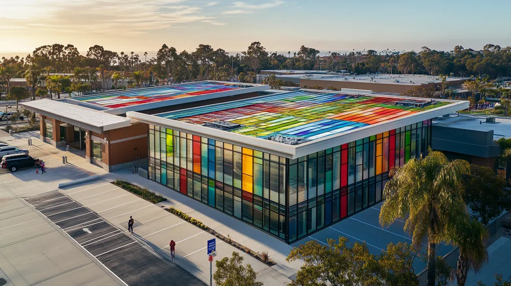 A commercial roof on a community recreation center in a location similar to San Diego with a stained glass style aesthetic (AI image)