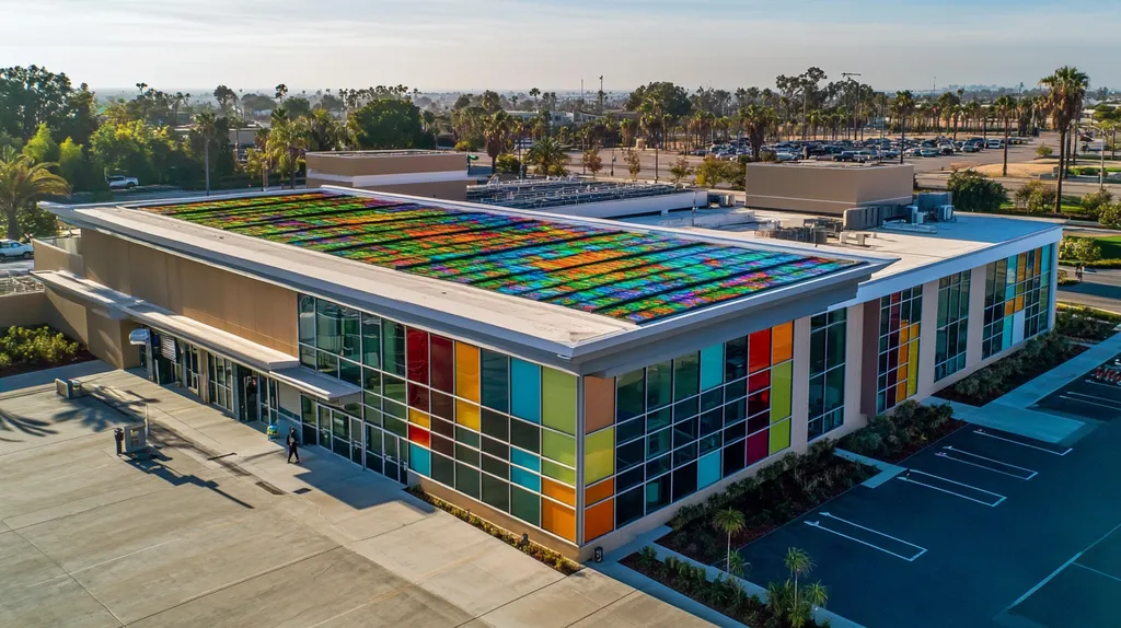 A commercial roof on a community recreation center in a location similar to San Diego with a stained glass style aesthetic (AI image)