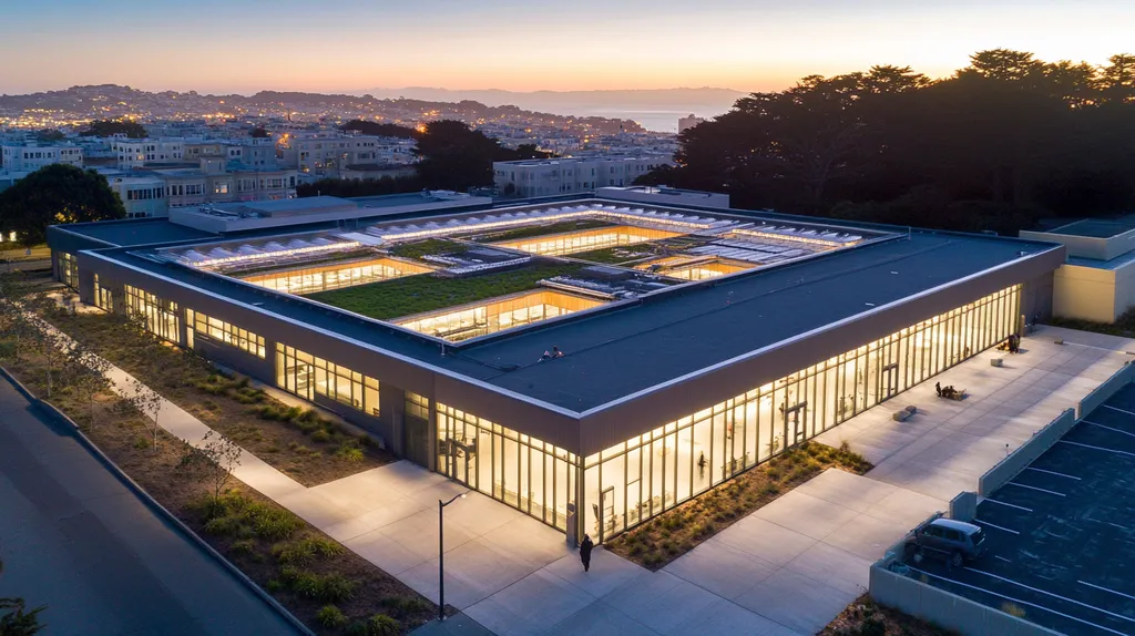 A commercial roof on a community recreation center in a location similar to San Francisco with an illuminated nightscape aesthetic (AI image)