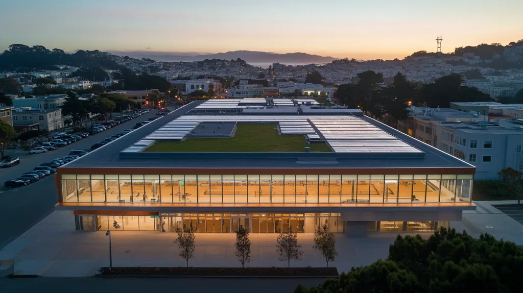 A commercial roof on a community recreation center in a location similar to San Francisco with an illuminated nightscape aesthetic (AI image)