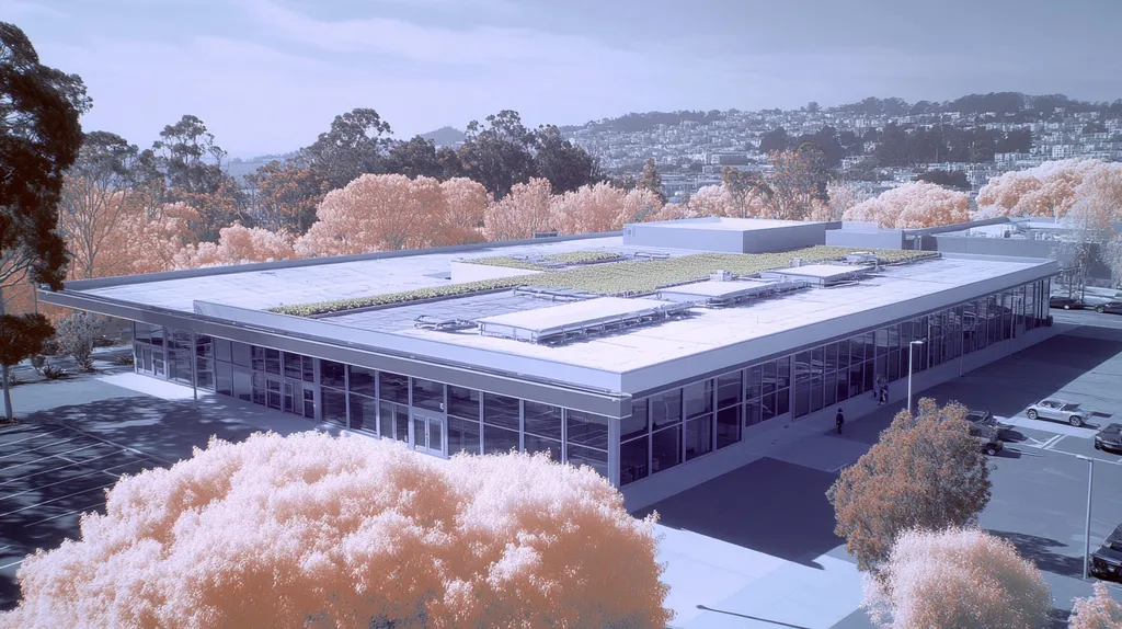 A commercial roof on a community recreation center in a location similar to San Francisco with an infrared photography aesthetic (AI image)