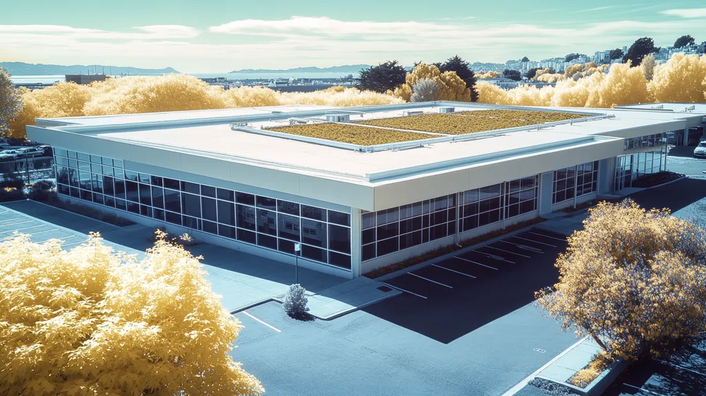 A commercial roof on a community recreation center in a location similar to San Francisco with an infrared photography aesthetic (AI image)