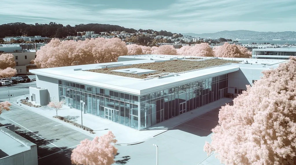 A commercial roof on a community recreation center in a location similar to San Francisco with an infrared photography aesthetic (AI image)