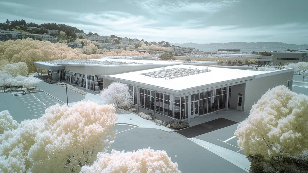 A commercial roof on a community recreation center in a location similar to San Francisco with an infrared photography aesthetic (AI image)