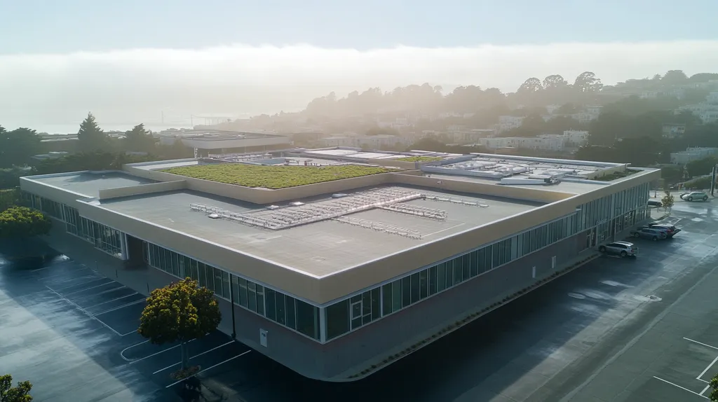 A commercial roof on a community recreation center in a location similar to San Francisco with a rainy day aesthetic (AI image)