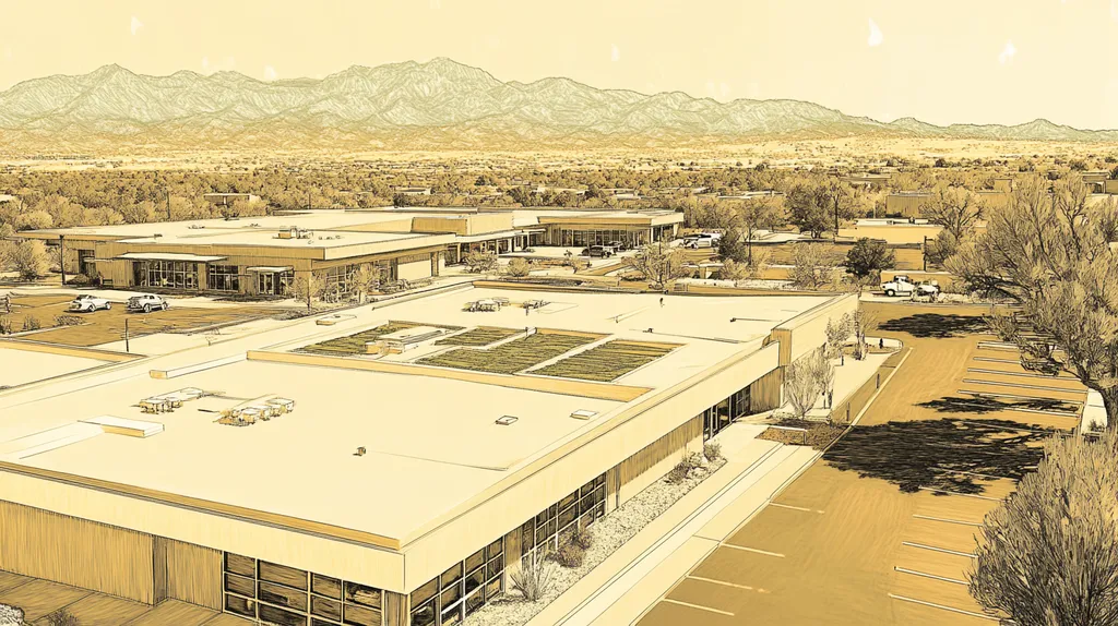A commercial roof on a community recreation center in a location similar to Santa Fe with an architectural sketch rendering aesthetic (AI image)