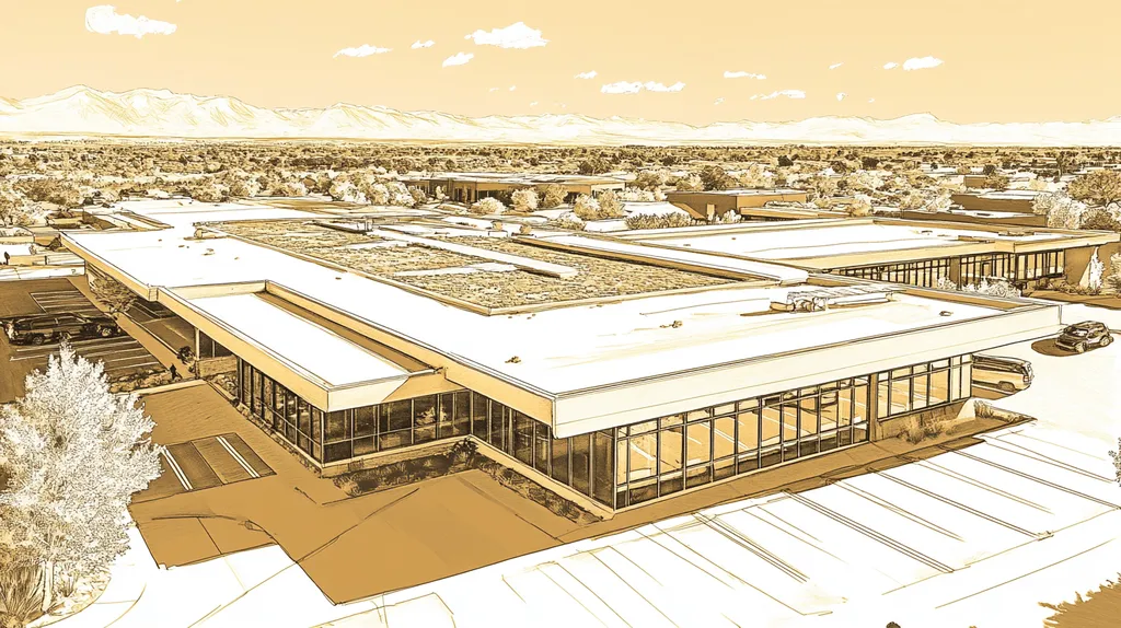 A commercial roof on a community recreation center in a location similar to Santa Fe with an architectural sketch rendering aesthetic (AI image)