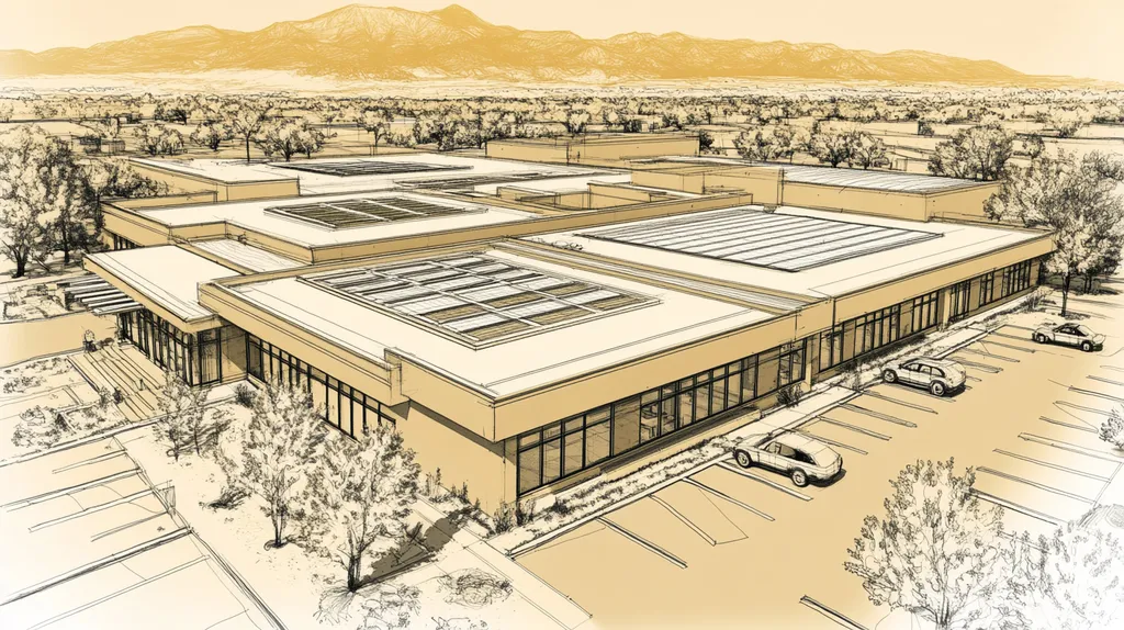 A commercial roof on a community recreation center in a location similar to Santa Fe with an architectural sketch rendering aesthetic (AI image)