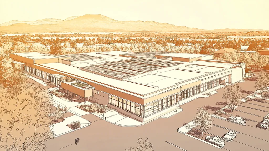 A commercial roof on a community recreation center in a location similar to Santa Fe with an architectural sketch rendering aesthetic (AI image)