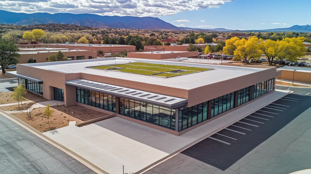 A commercial roof on a community recreation center in a location similar to Santa Fe with a color highlight aesthetic (AI image)
