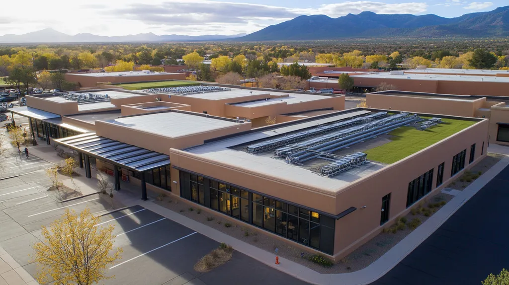 A commercial roof on a community recreation center in a location similar to Santa Fe with a color highlight aesthetic (AI image)