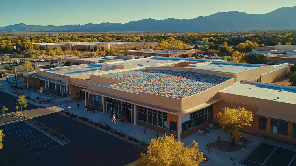 A commercial roof on a community recreation center in a location similar to Santa Fe with a mosaic tile art aesthetic (AI image)
