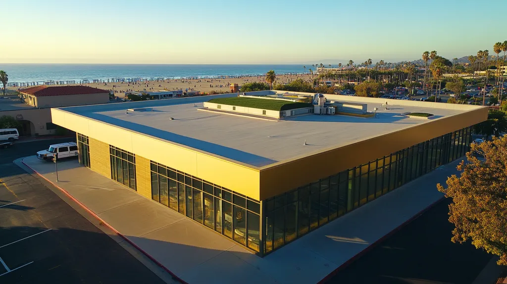 A commercial roof on a community recreation center in a location similar to Santa Monica with a solid gold aesthetic (AI image)