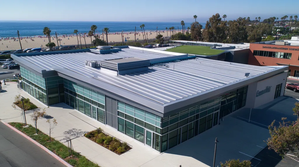 A commercial roof on a community recreation center in a location similar to Santa Monica with a stainless steel aesthetic (AI image)