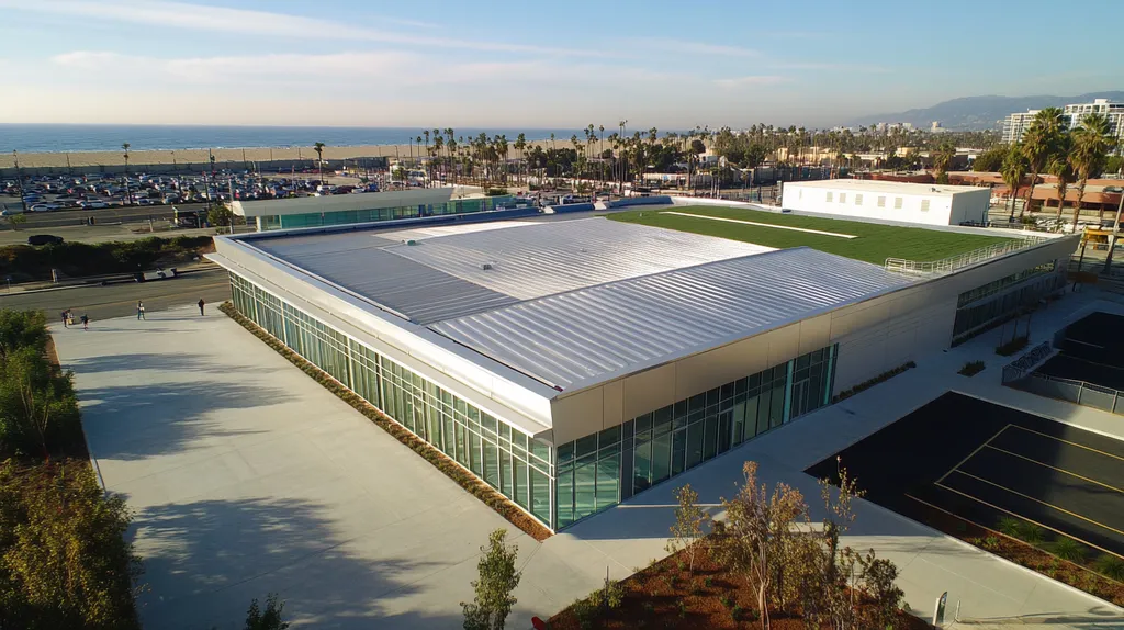 A commercial roof on a community recreation center in a location similar to Santa Monica with a stainless steel aesthetic (AI image)