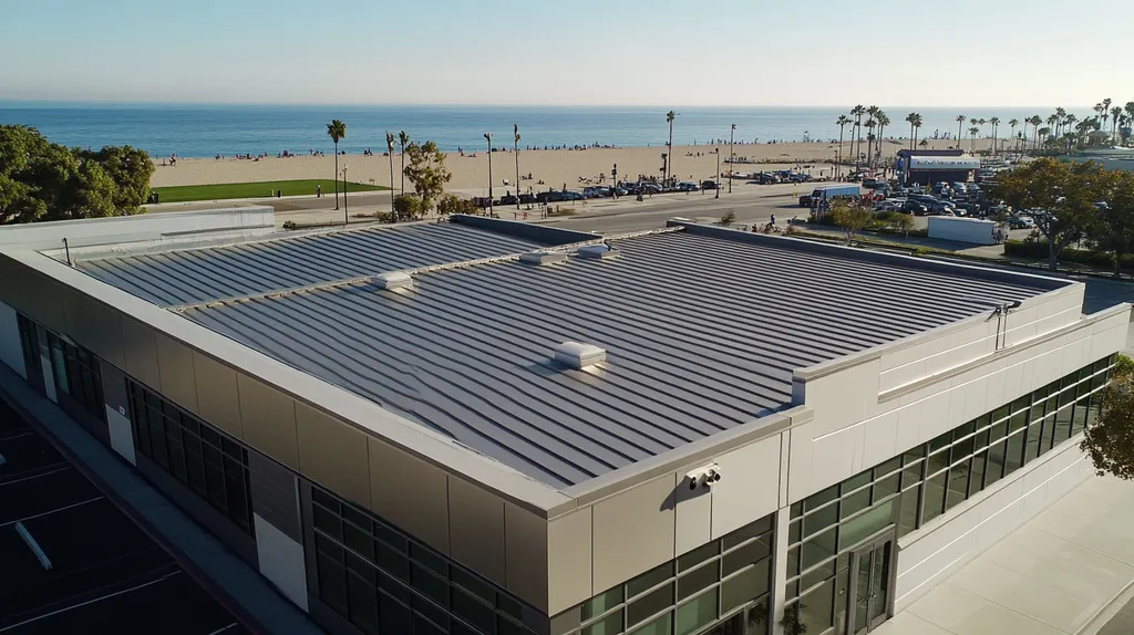 A commercial roof on a community recreation center in a location similar to Santa Monica with a stainless steel aesthetic (AI image)