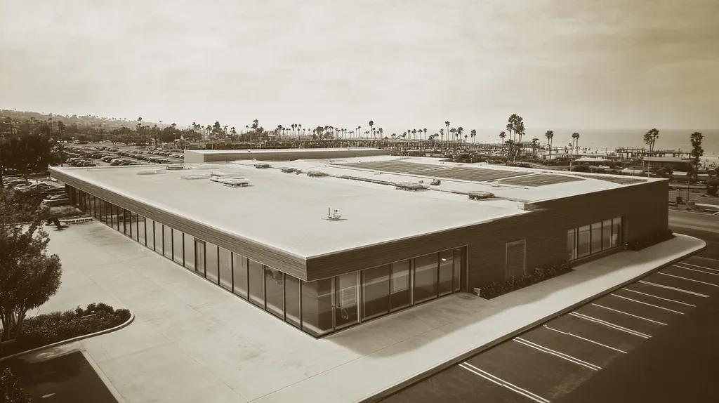 A commercial roof on a community recreation center in a location similar to Santa Monica with a tintype aesthetic (AI image)