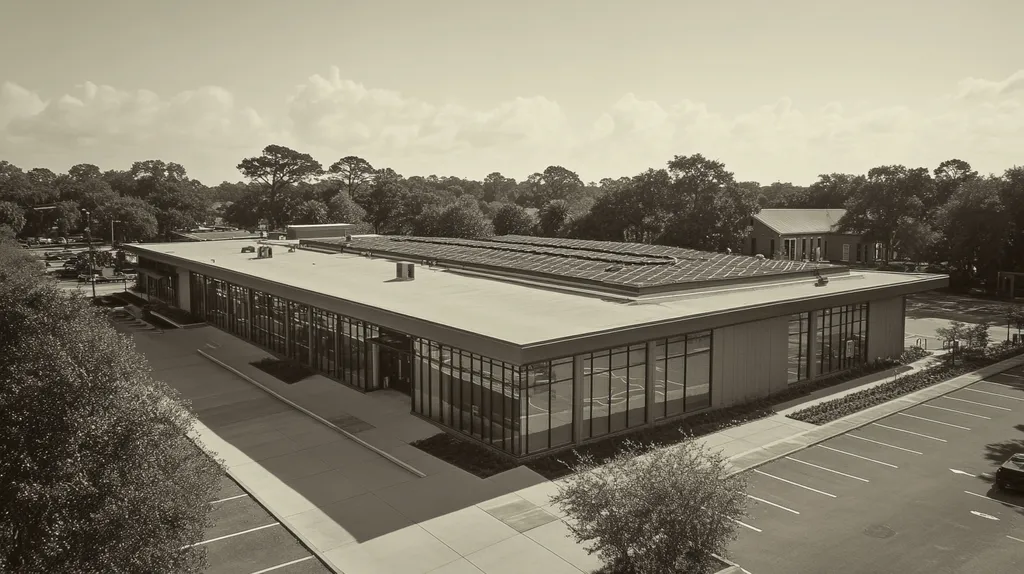 A commercial roof on a community recreation center in a location similar to Savannah with a tintype aesthetic (AI image)