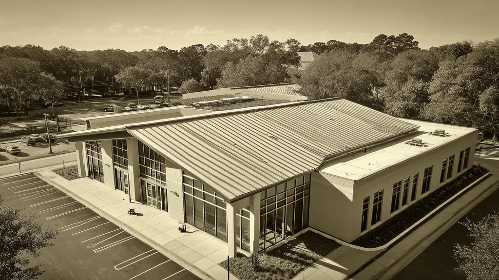 A commercial roof on a community recreation center in a location similar to Savannah with a tintype aesthetic (AI image)