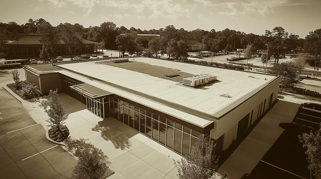 A commercial roof on a community recreation center in a location similar to Savannah with a tintype aesthetic (AI image)