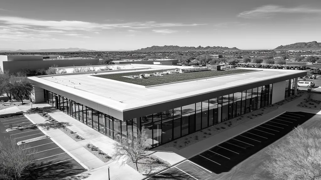 A commercial roof on a community recreation center in a location similar to Scottsdale with a black and white photography aesthetic (AI image)