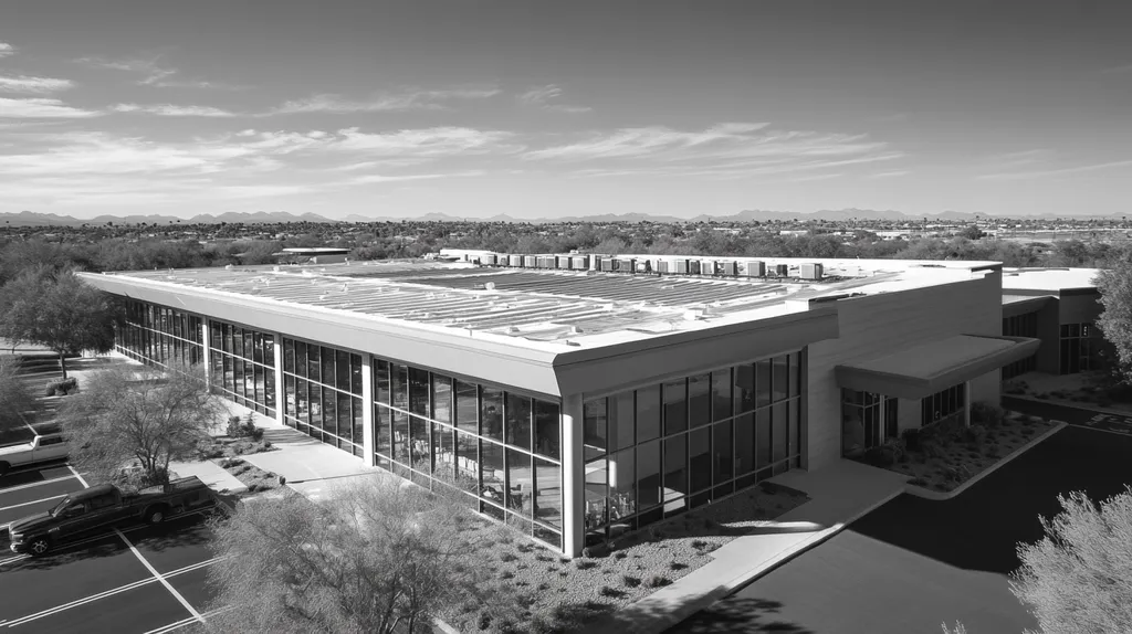 A commercial roof on a community recreation center in a location similar to Scottsdale with a black and white photography aesthetic (AI image)