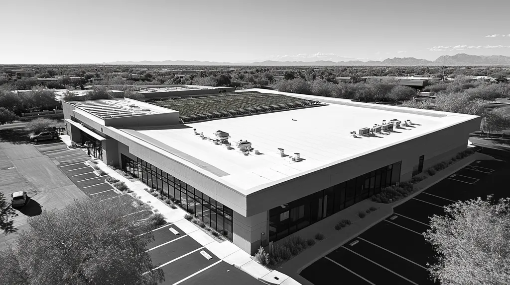 A commercial roof on a community recreation center in a location similar to Scottsdale with a black and white photography aesthetic (AI image)