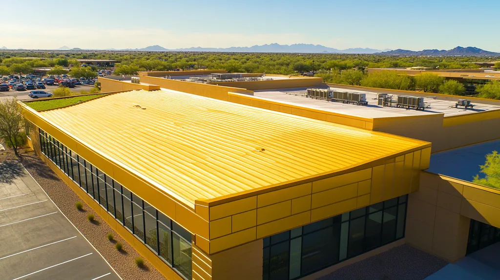 A commercial roof on a community recreation center in a location similar to Scottsdale with a solid gold aesthetic (AI image)