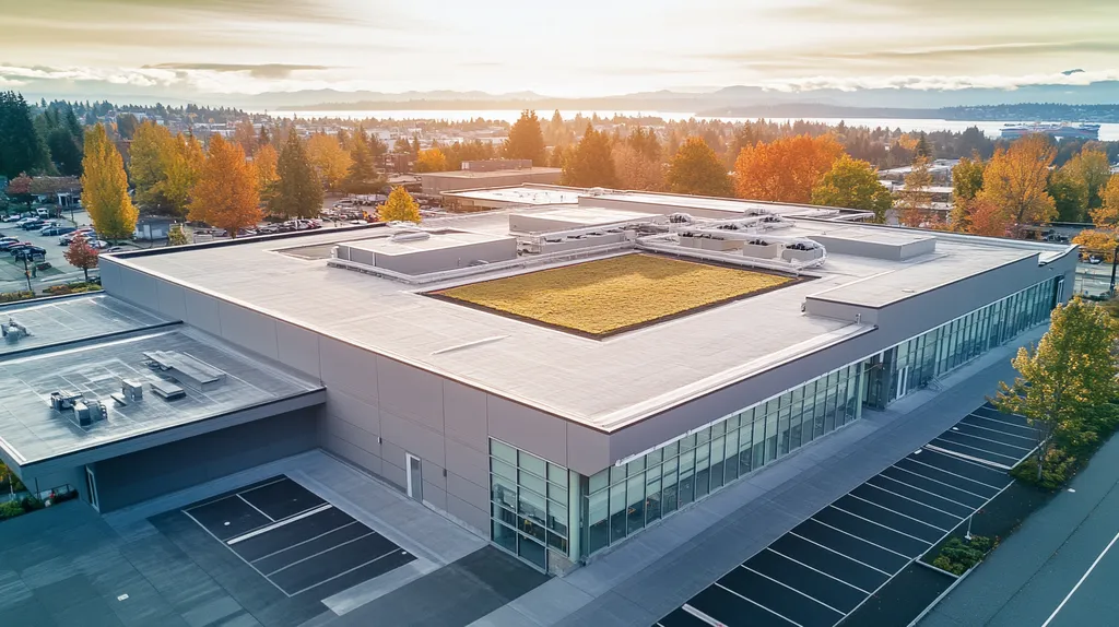 A commercial roof on a community recreation center in a location similar to Seattle with a Polaroid aesthetic (AI image)
