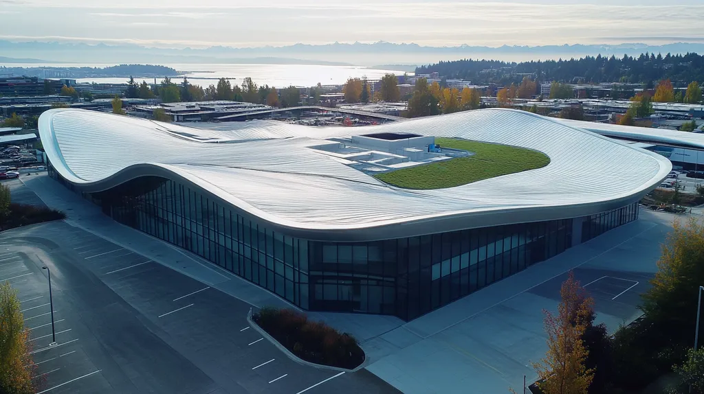 A commercial roof on a community recreation center in a location similar to Seattle with a futuristic aesthetic (AI image)