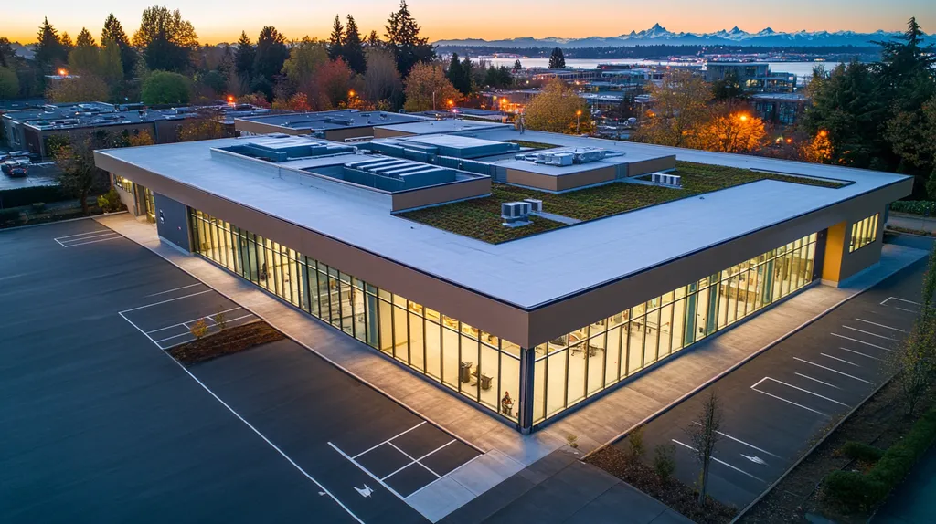 A commercial roof on a community recreation center in a location similar to Seattle with an illuminated nightscape aesthetic (AI image)