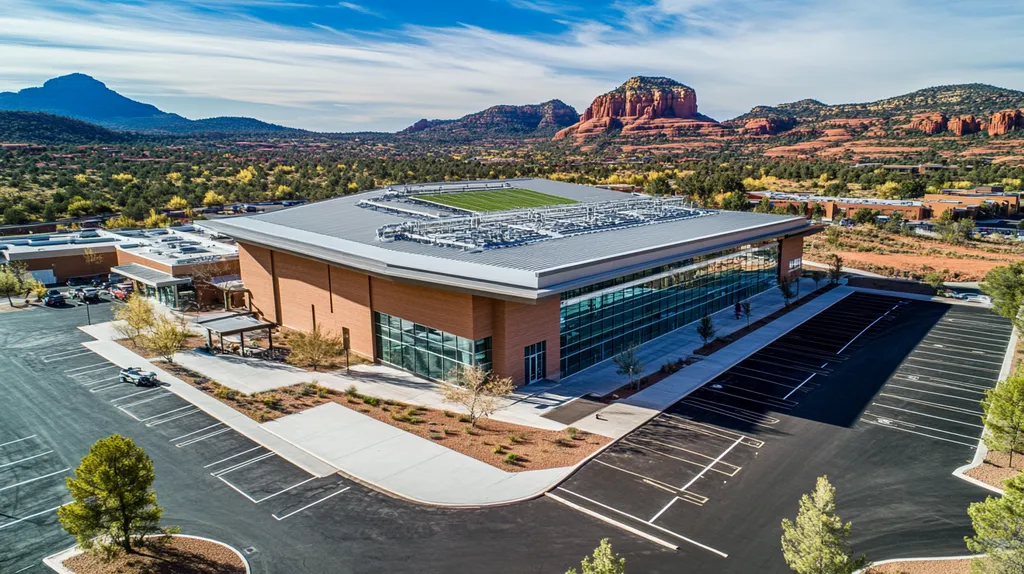 A commercial roof on a community recreation center in a location similar to Sedona with an architectural photography aesthetic (AI image)