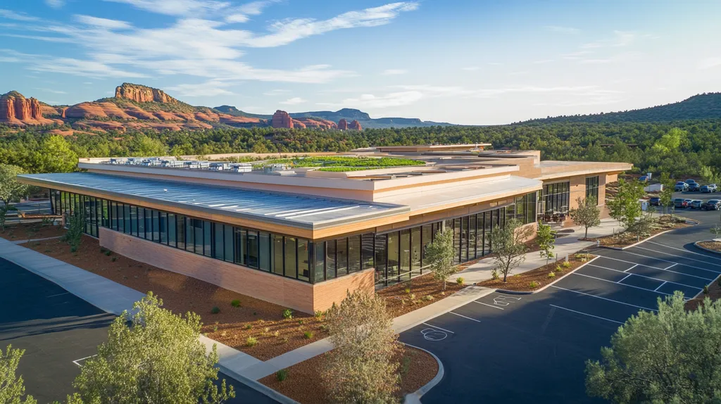 A commercial roof on a community recreation center in a location similar to Sedona with an architectural photography aesthetic (AI image)