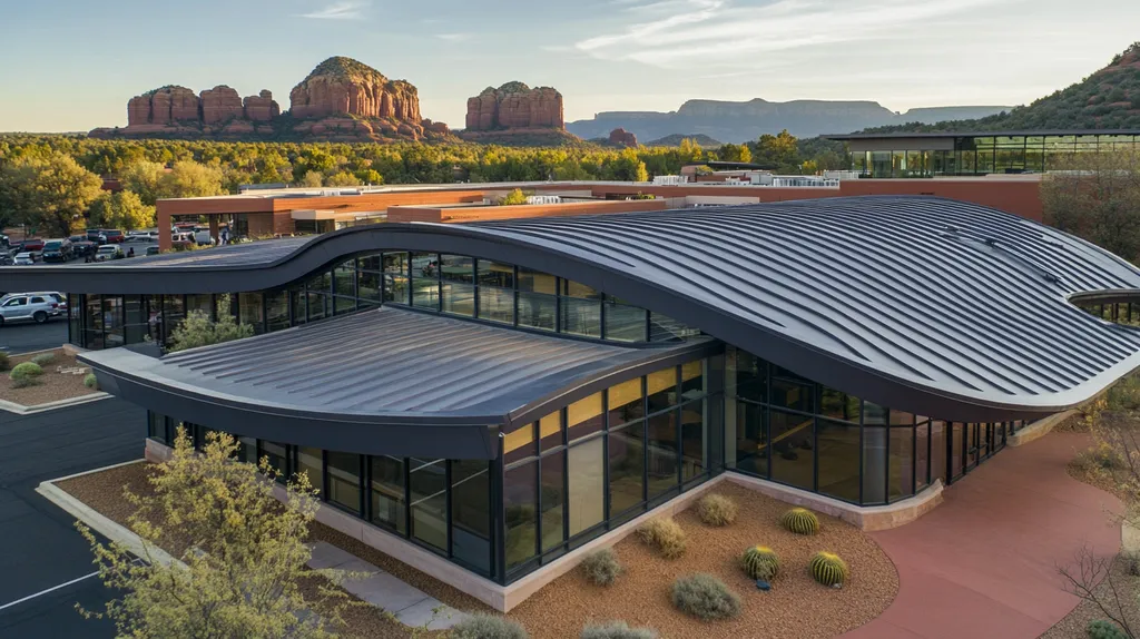 A commercial roof on a community recreation center in a location similar to Sedona with a futuristic aesthetic (AI image)