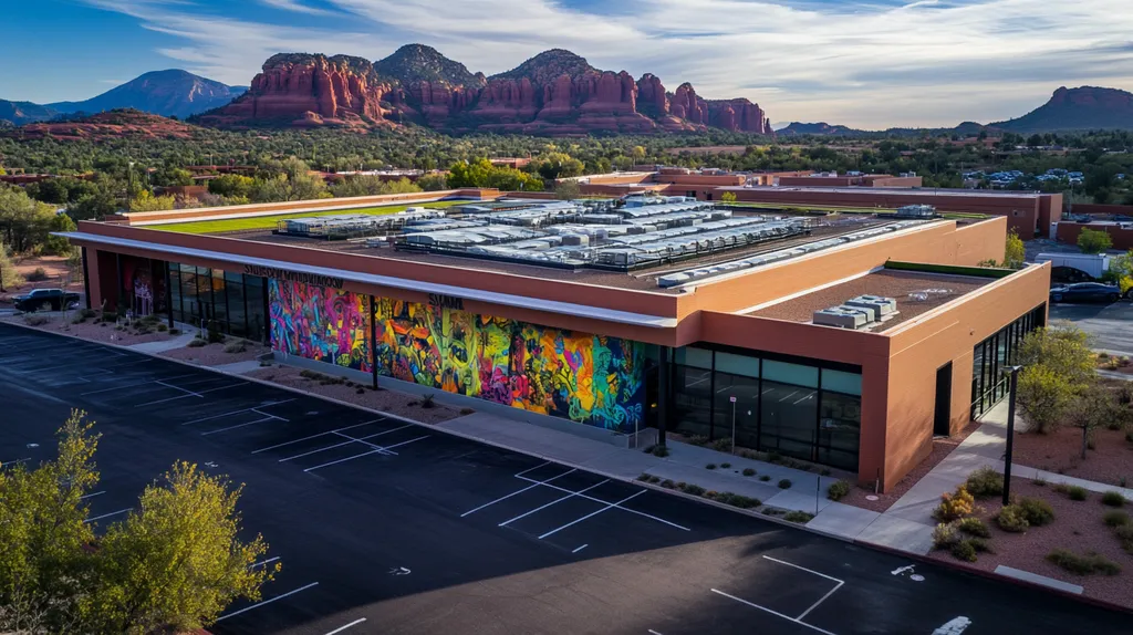 A commercial roof on a community recreation center in a location similar to Sedona with a graffiti mural aesthetic (AI image)