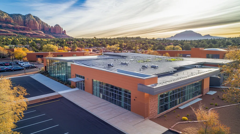 A commercial roof on a community recreation center in a location similar to Sedona with a light beams aesthetic (AI image)