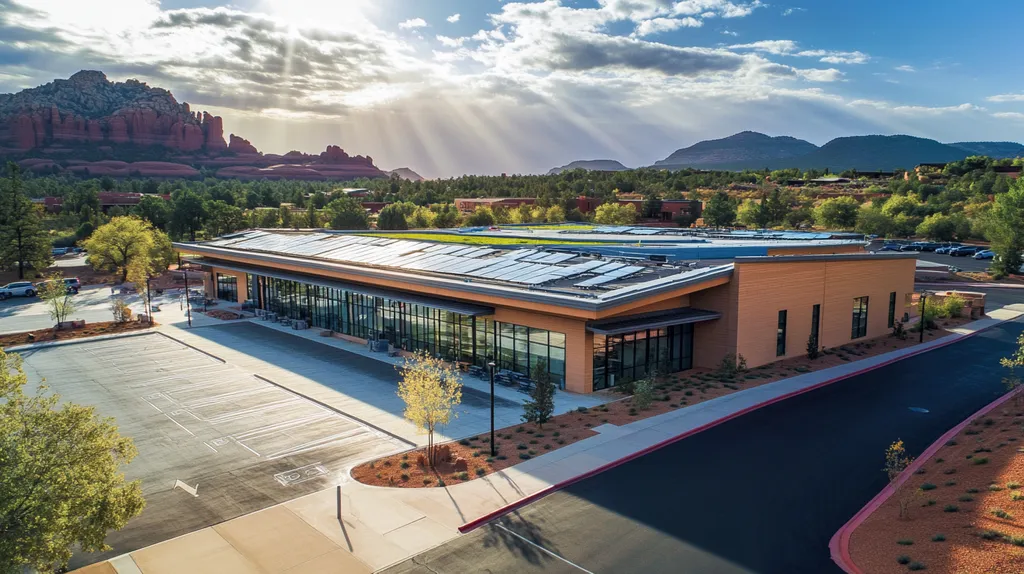 A commercial roof on a community recreation center in a location similar to Sedona with a light beams aesthetic (AI image)