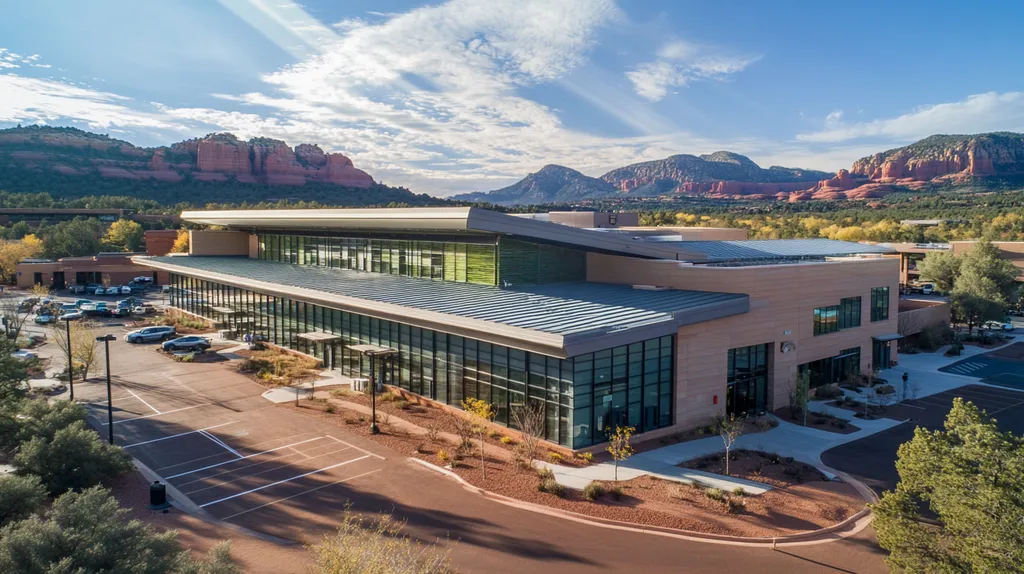 A commercial roof on a community recreation center in a location similar to Sedona with a light beams aesthetic (AI image)