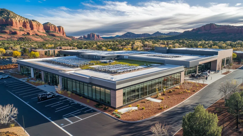 A commercial roof on a community recreation center in a location similar to Sedona with a light beams aesthetic (AI image)