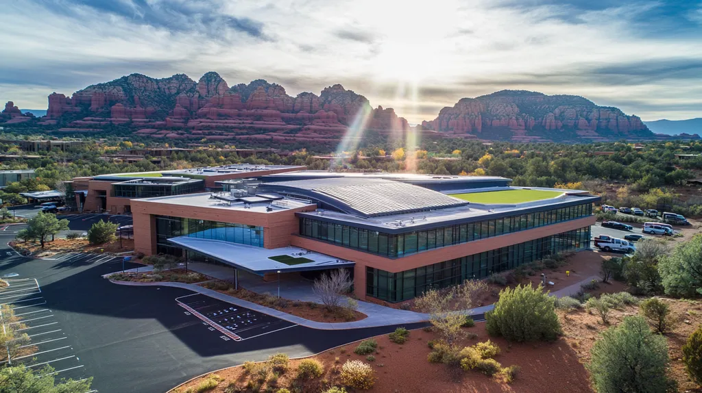 A commercial roof on a community recreation center in a location similar to Sedona with a light beams aesthetic (AI image)